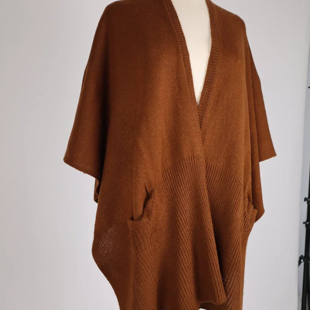 ❄️ Echo Brown Knit Poncho Cape Shawl Scarf Pockets Sweater Cardigan Wrap Warm
